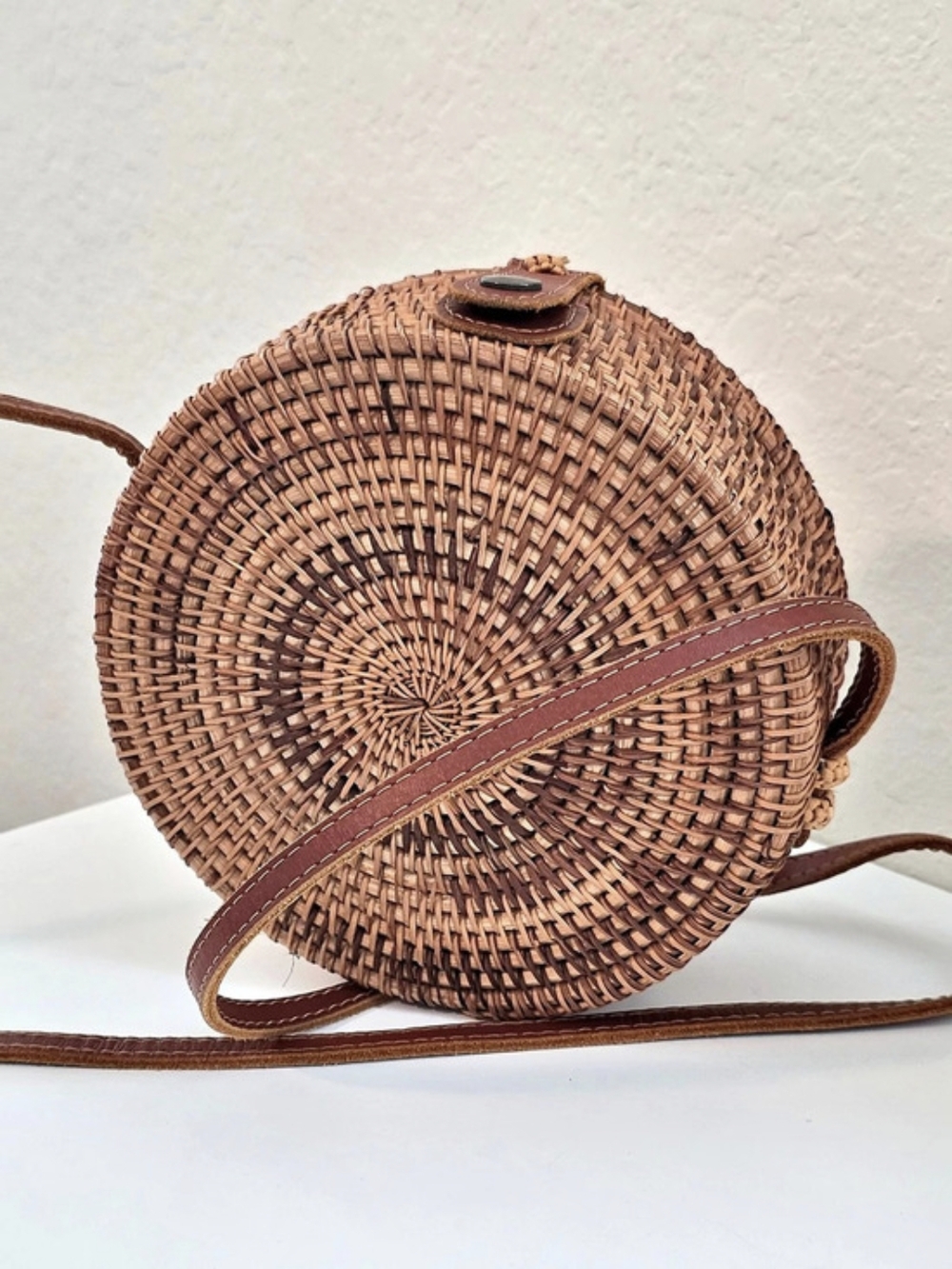Bali Novum Crafts Round Rattan Bag Handmade Ata Wicker Woven Crossbody Leather